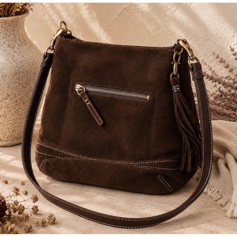 Coach 1419 Shoulder Bag Brown Suede Leather Tassel Hobo Handbag Western